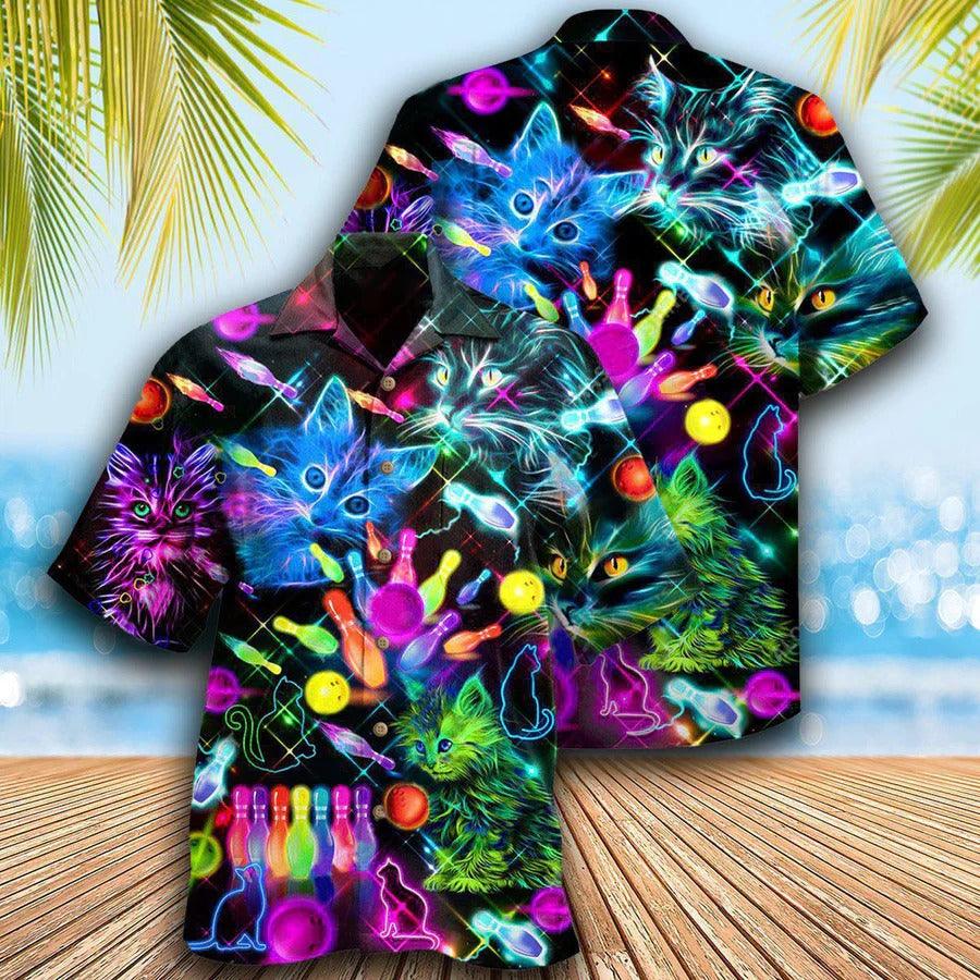 Bowling Hawaiian Shirt, Cats Bowling Painting Hawaiian Shirt, Bowling Neon Aloha Shirt For Men - Perfect Gift For Bowling Lovers, Bowlers
