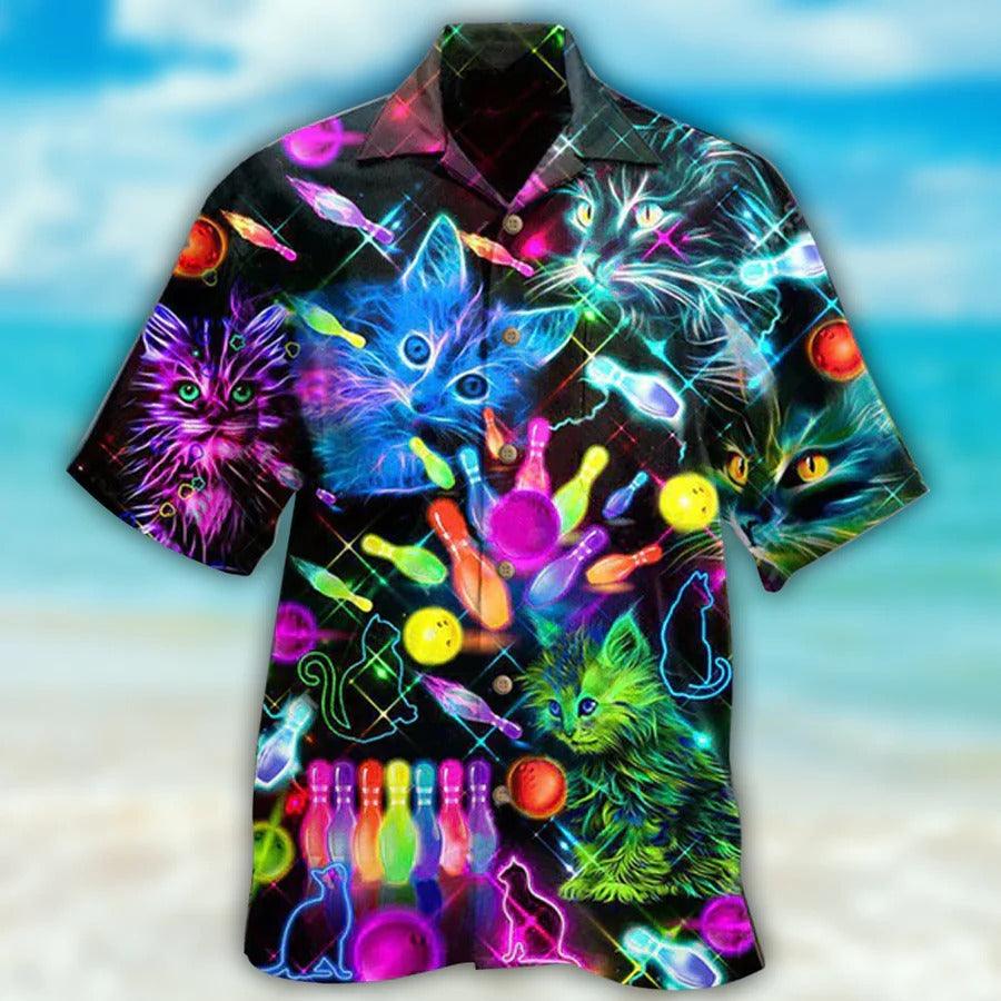 Bowling Hawaiian Shirt, Cats Bowling Painting Hawaiian Shirt, Bowling Neon Aloha Shirt For Men - Perfect Gift For Bowling Lovers, Bowlers - Image 3