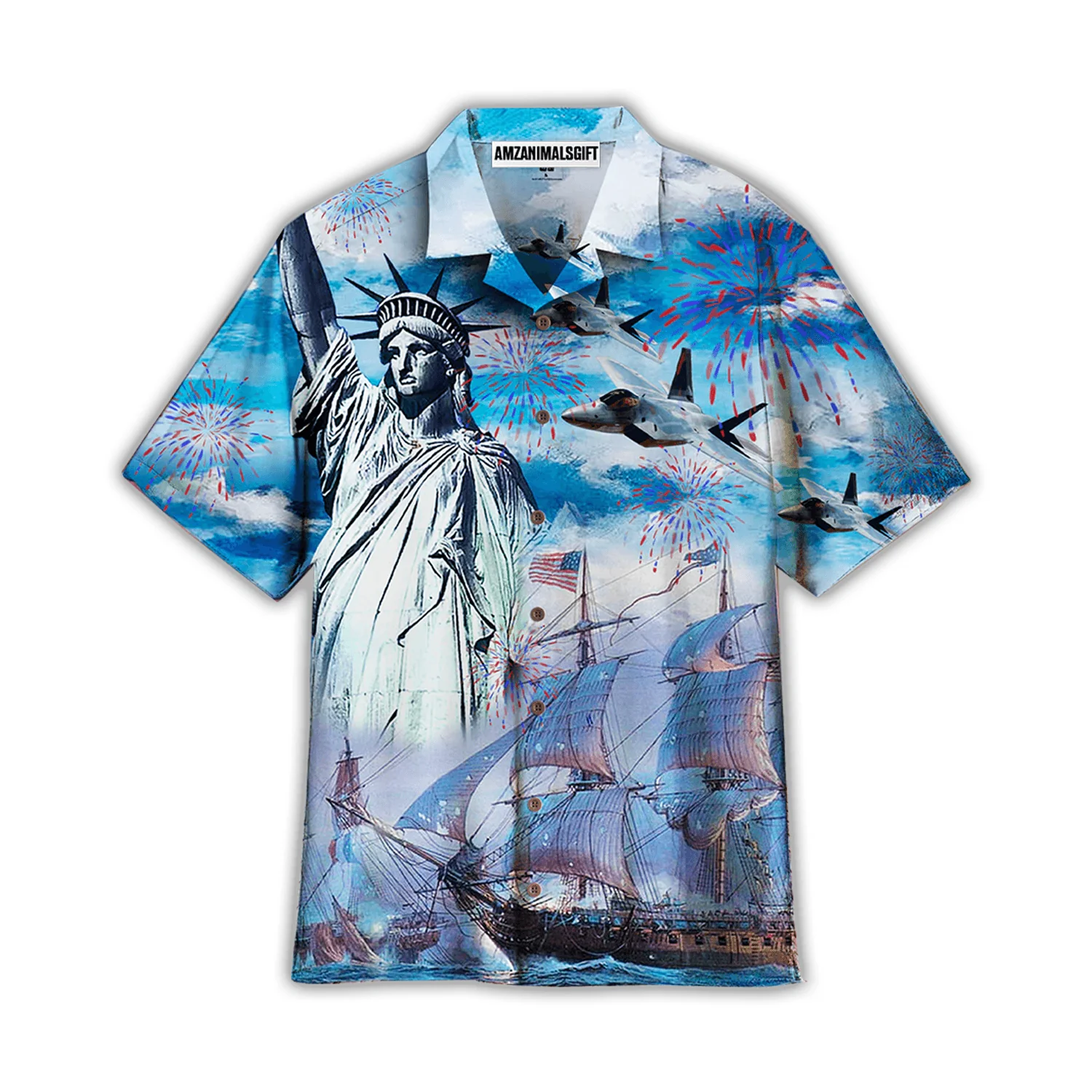 4th July US Independence Day Firework Sailboats And Airplanes Aloha Hawaiian Shirts For Men Women, American Flag Hawaiian Shirt For Summer, Patriot