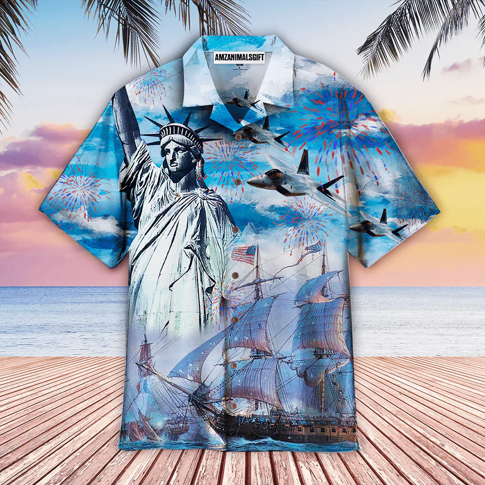 4th July US Independence Day Firework Sailboats And Airplanes Aloha Hawaiian Shirts For Men Women, American Flag Hawaiian Shirt For Summer, Patriot - Image 2