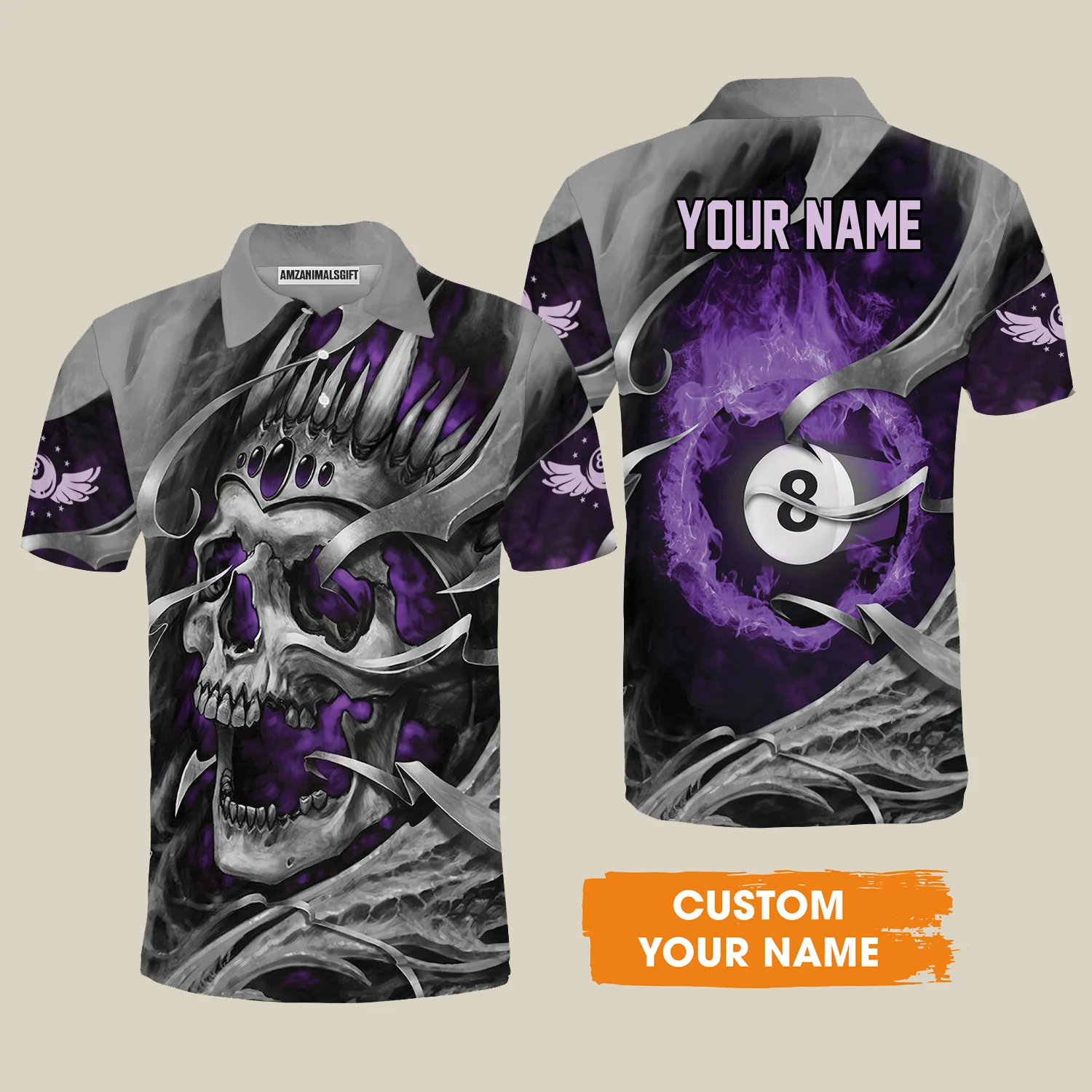 8 Ball Billiards Custom Name Men Polo Shirts, Personalized Billiards Skull Flaming Purple Polo Shirts - Best Gift For Billiards Lovers - Image 2