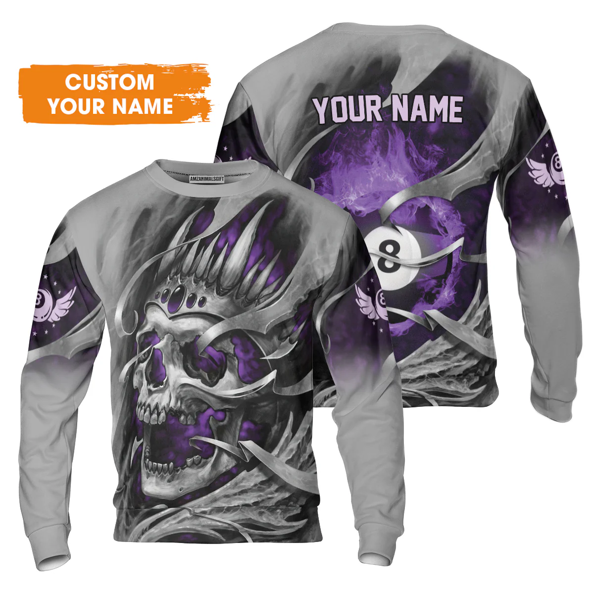 8 Ball Billiards Custom Name Men Polo Shirts, Personalized Billiards Skull Flaming Purple Polo Shirts - Best Gift For Billiards Lovers - Image 5