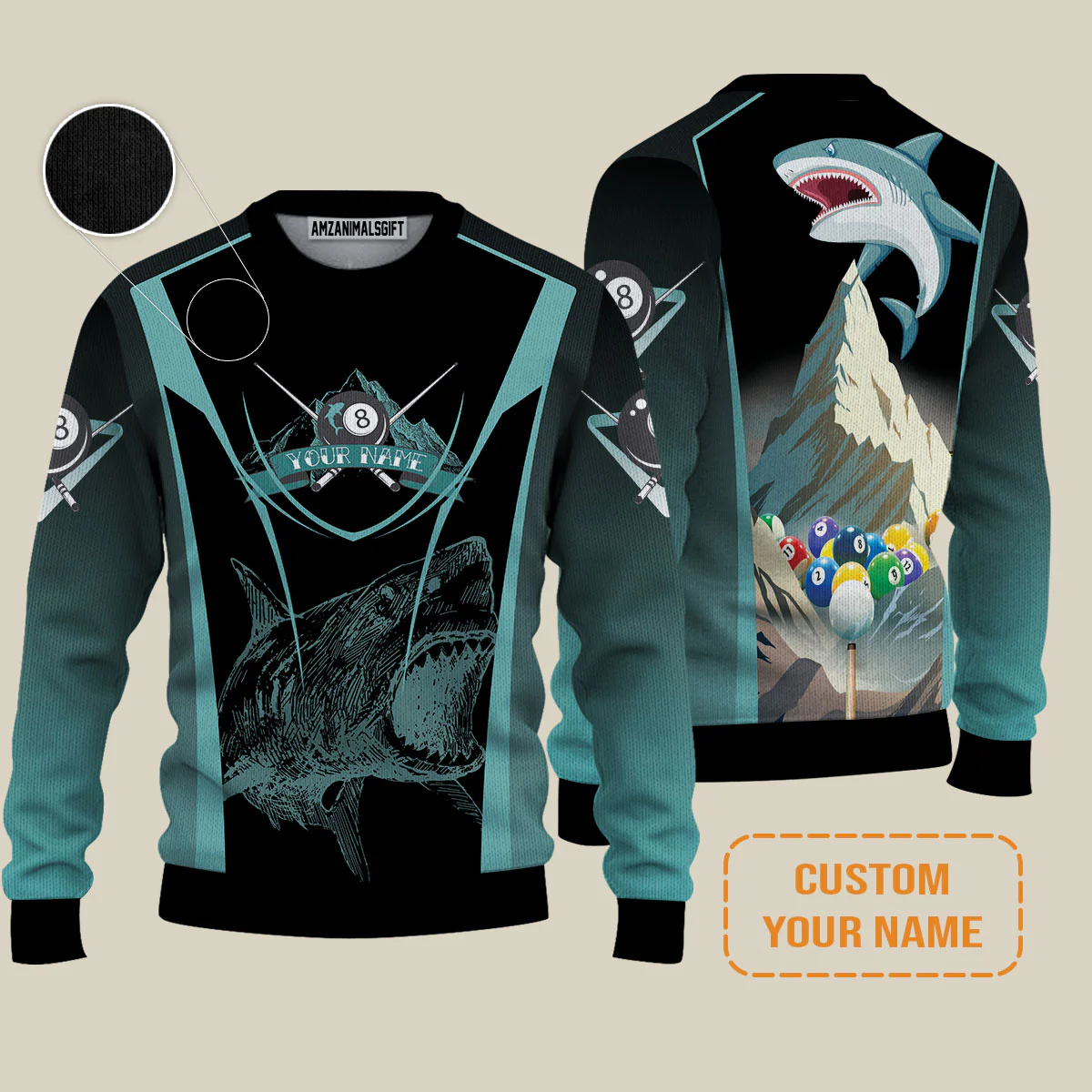 8 Ball Billiards Custom Name Sweater, Personalized 8 Ball Sharks Sweater - Best Gift For Billiards Lovers - Image 2