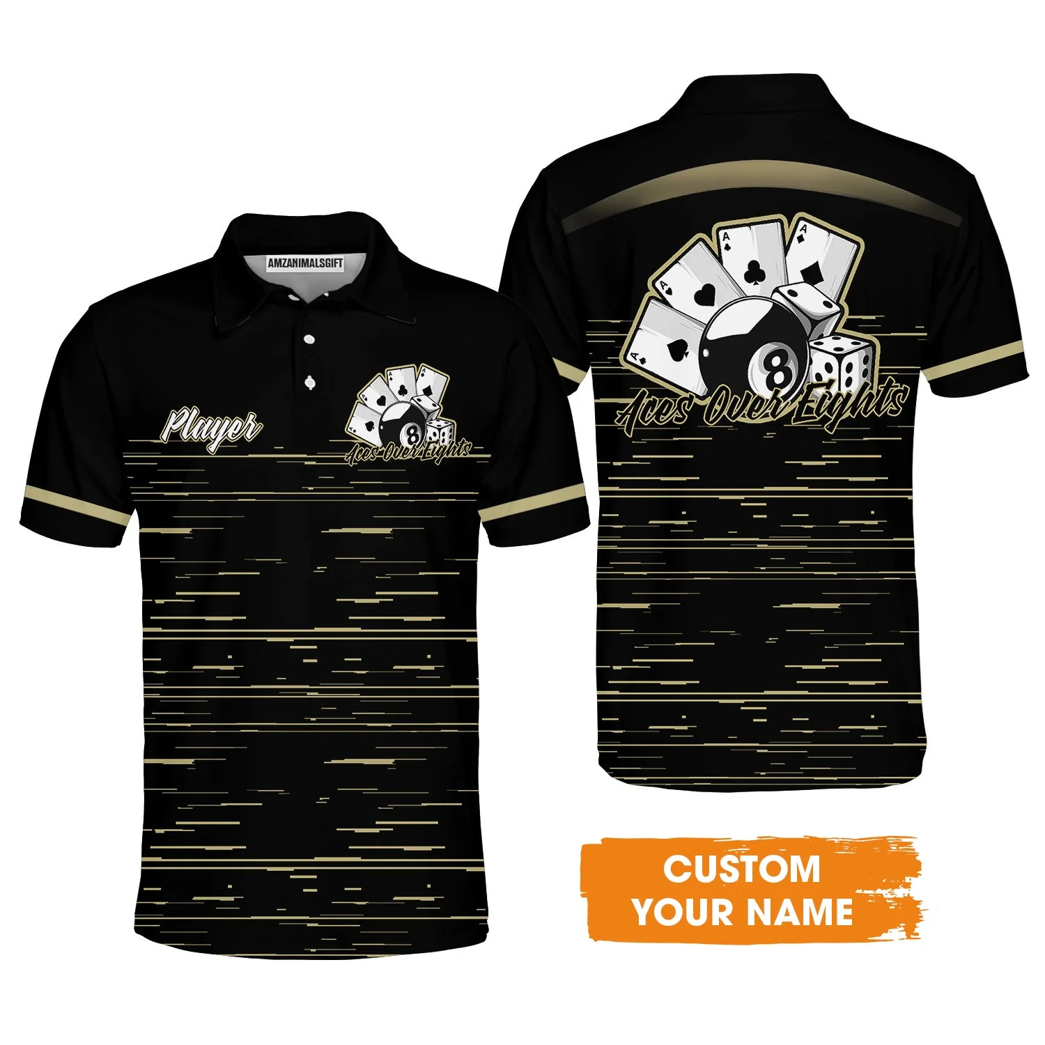 Aces Over Eights 8 Ball Pool Billiards Custom Name Men's Long Sleeve Polo Shirt, Personalized 8 Ball Pool Men's Long Sleeve Polo Shirt, Gift For Billiards Player - Image 3