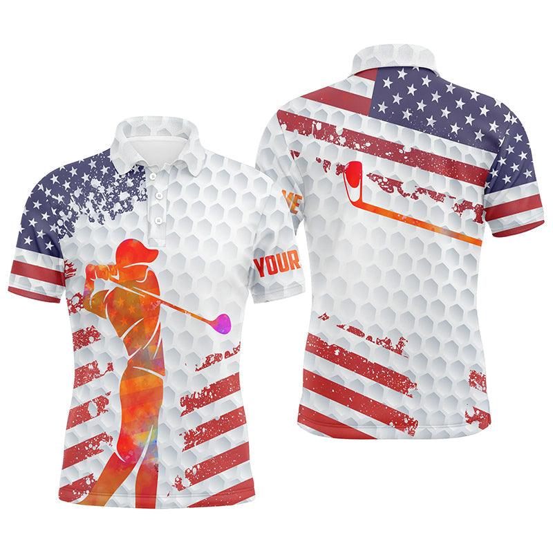 American Flag 4th of July Golf Men Polo Shirts - Custom Name American Flag 4th of July White Golf Balls Skin Polo Shirts - Personalized Gift For Men - Image 2
