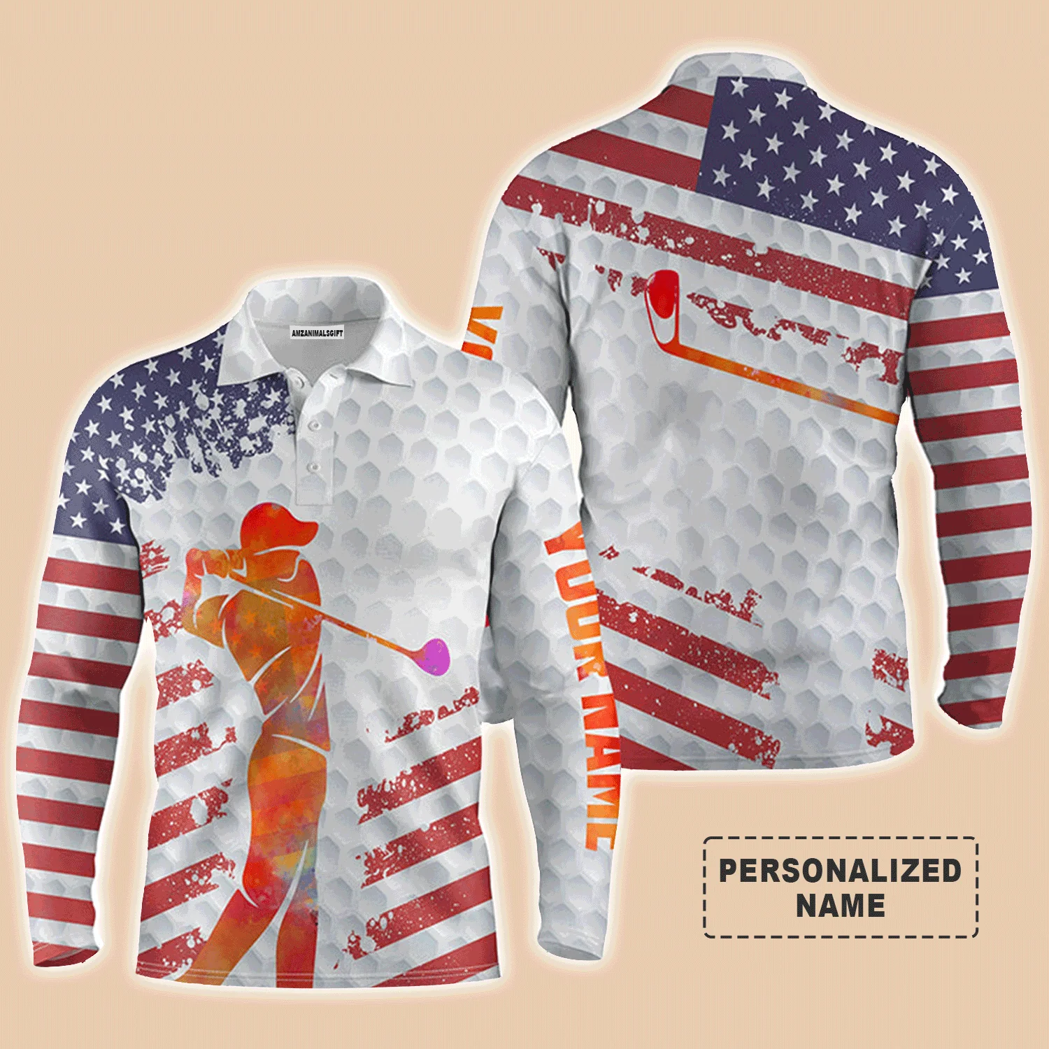 American Flag 4th of July Golf Men Polo Shirts - Custom Name American Flag 4th of July White Golf Balls Skin Polo Shirts - Personalized Gift For Men - Image 4