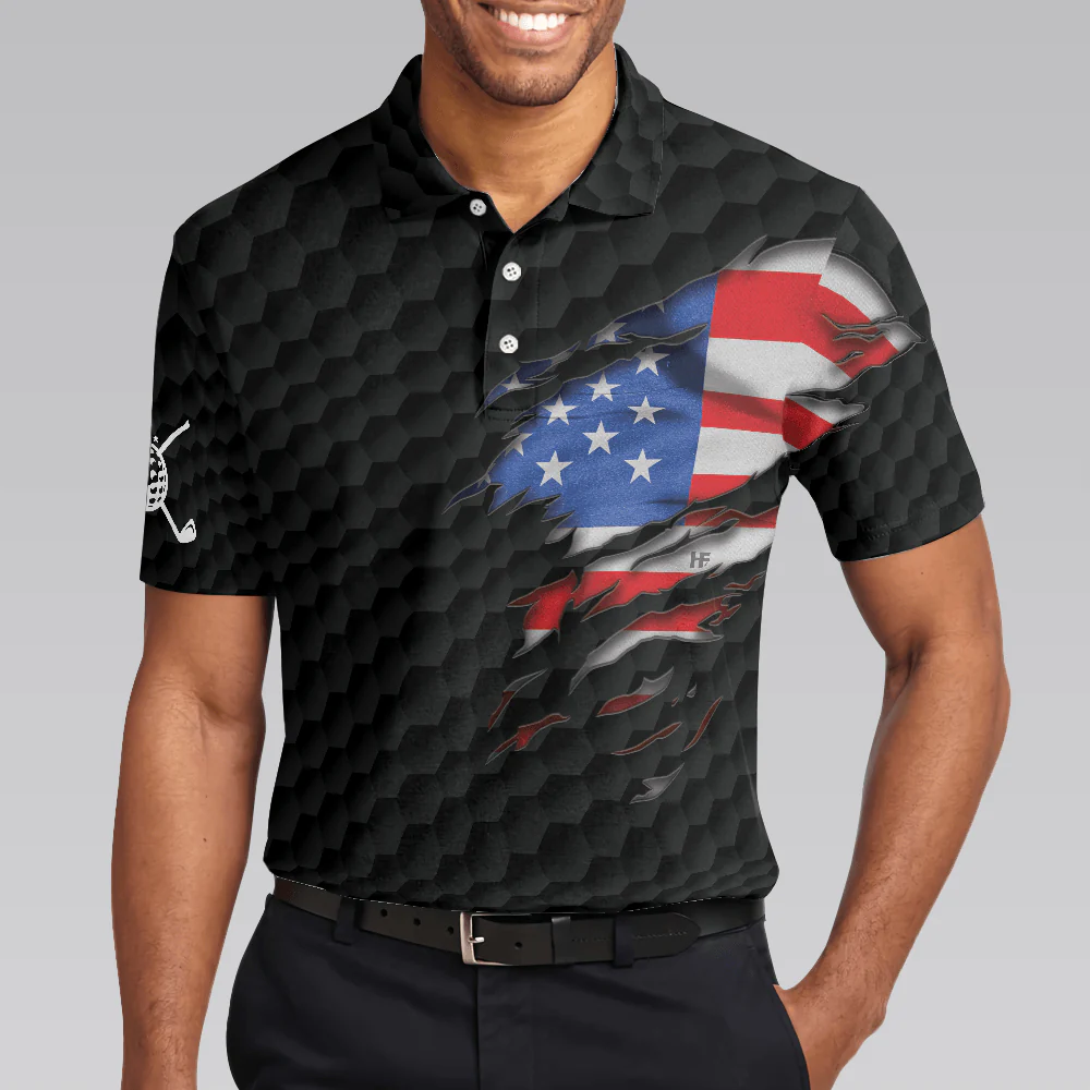 Men Golf Polo Shirt - US Flag Teared Golf Pattern Golf Men Polo Shirt, Best Golfing Shirt Design For Golfers - Perfect Polo Shirt For Men, Golfers - Image 5