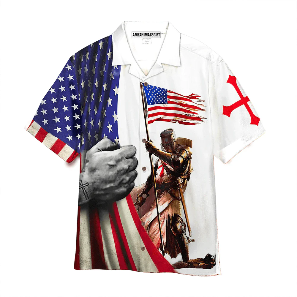 American Flag White Aloha Hawaiian Shirts For Men Women, Warrior Cross Hawaiian Shirt, 4th July Gift For Summer, Friend, Patriot, Independence Day