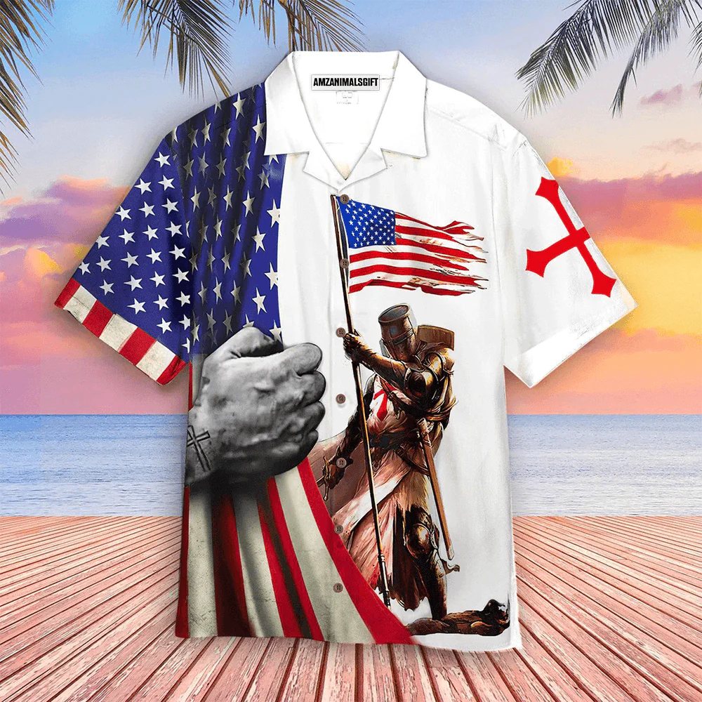 American Flag White Aloha Hawaiian Shirts For Men Women, Warrior Cross Hawaiian Shirt, 4th July Gift For Summer, Friend, Patriot, Independence Day - Image 2