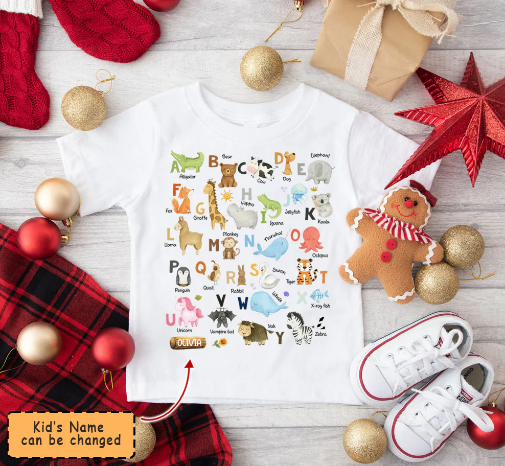 Animal Alphabet Kid T-Shirt Customized Name Christmas New Year Gifts For Daughter Granddaughter - Image 3