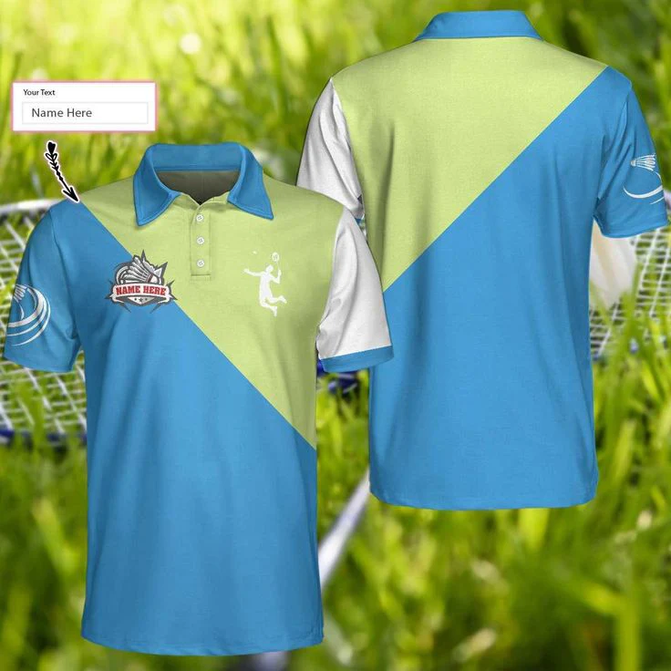 Badminton Customized Name Men Polo Shirts, Personalized Badminton Polo Shirt, Blue Green Badminton Polo Shirts - Gift For Men, Badminton Players - Image 2