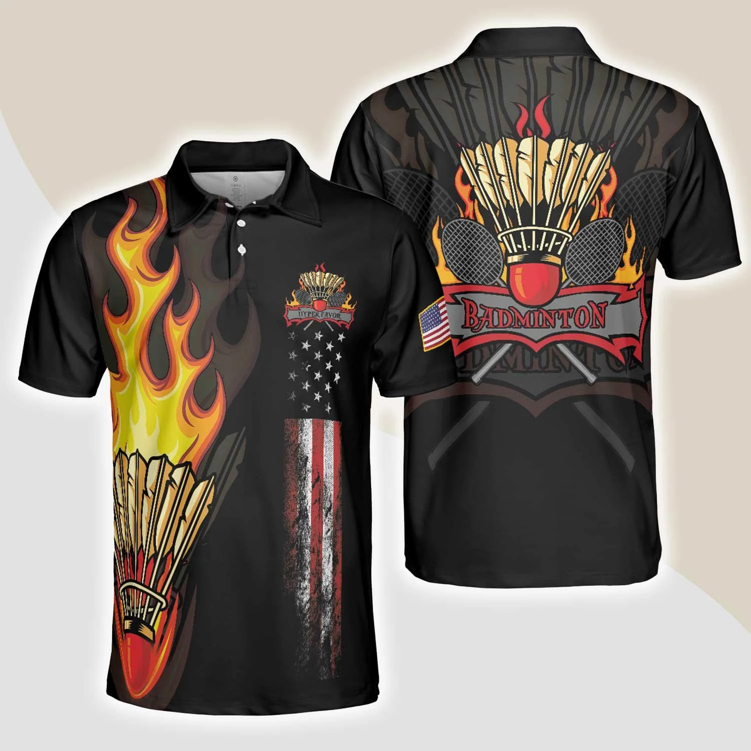 Badminton Men Polo Shirt - Badminton Flame Men Polo Shirts - Gift For Badminton Players - Black Theme American Flag Badminton Men Polo Shirt