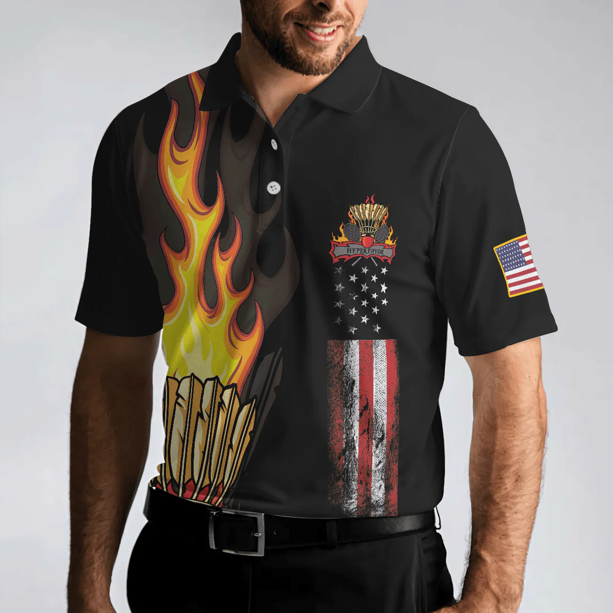 Badminton Men Polo Shirt - Badminton Flame Men Polo Shirts - Gift For Badminton Players - Black Theme American Flag Badminton Men Polo Shirt - Image 6