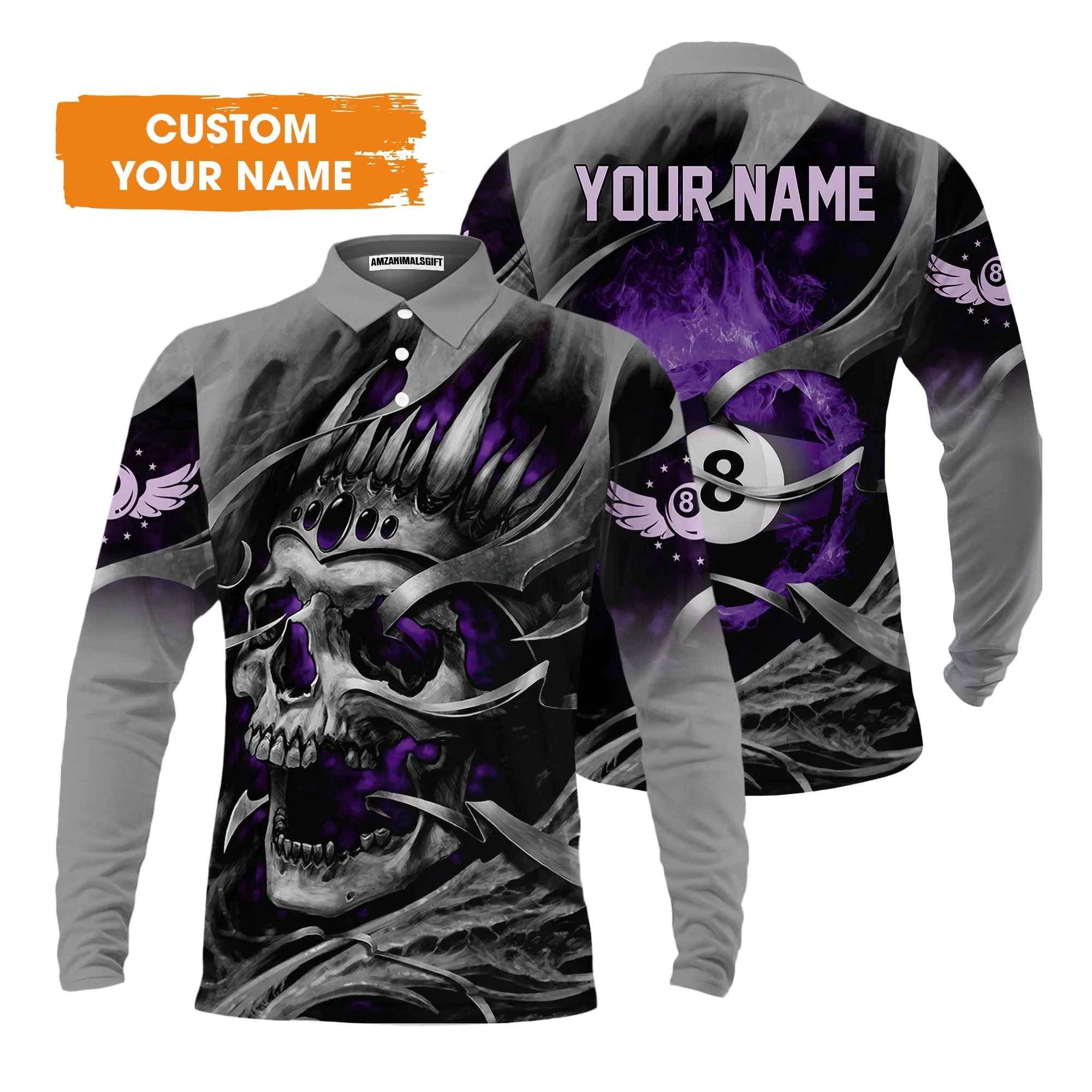 Ball Billiards Custom Name T-Shirt, Personalized Billiards Skull Flaming Purple T-Shirt - Best Gift For Billiards Lovers - Image 3