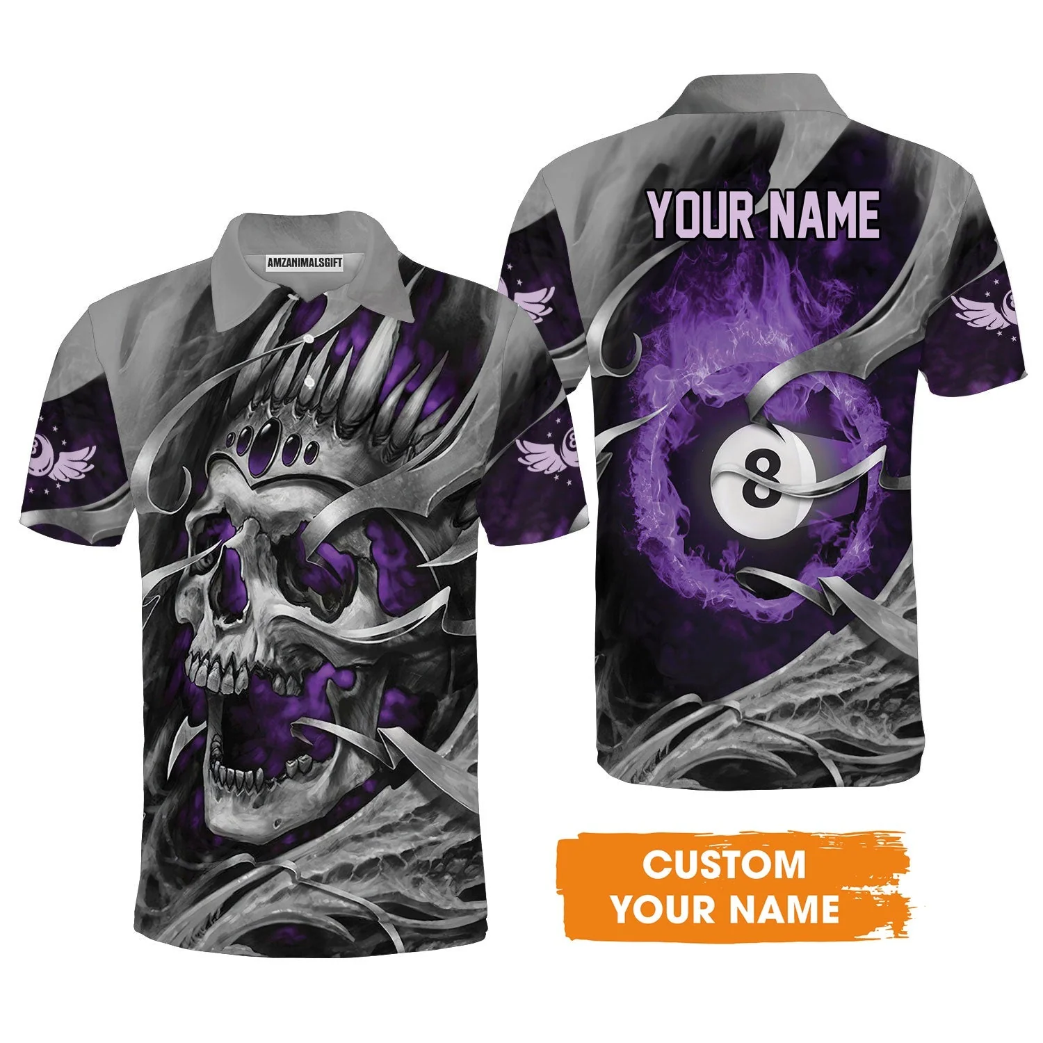 Ball Billiards Custom Name T-Shirt, Personalized Billiards Skull Flaming Purple T-Shirt - Best Gift For Billiards Lovers - Image 4
