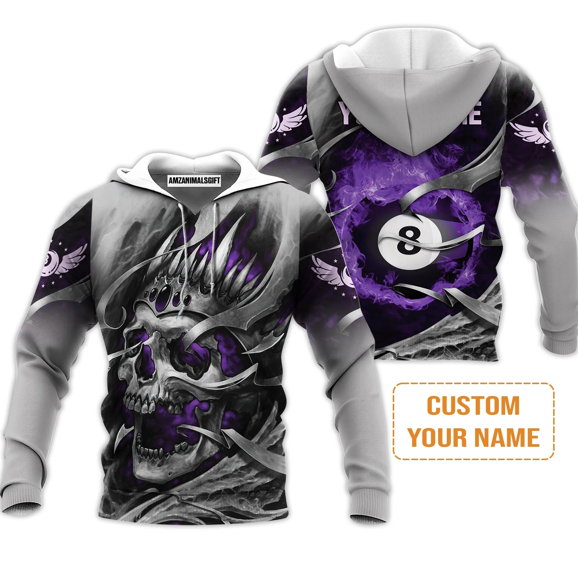 Ball Billiards Custom Name T-Shirt, Personalized Billiards Skull Flaming Purple T-Shirt - Best Gift For Billiards Lovers - Image 5