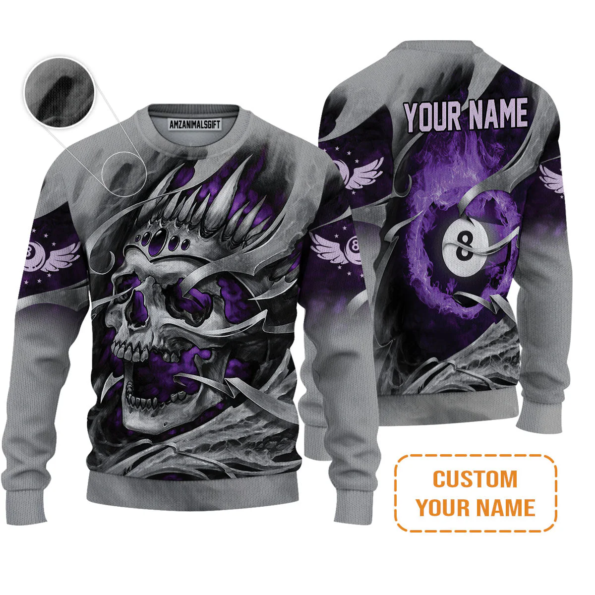 Ball Billiards Custom Name T-Shirt, Personalized Billiards Skull Flaming Purple T-Shirt - Best Gift For Billiards Lovers - Image 7