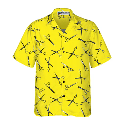 Barber Hawaiian Shirt, Barber Yellow Scissors For Professional Barber Aloha Shirt For Men - Gift For Barber, Family, Friends - Image 2