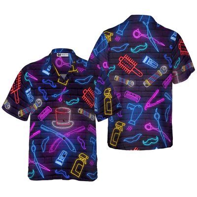 Bartender Hawaiian Shirt, Barber Shop Neon Aloha Shirt For Men - Gift For Bartender, Husband, Boyfriend, Family, Friends