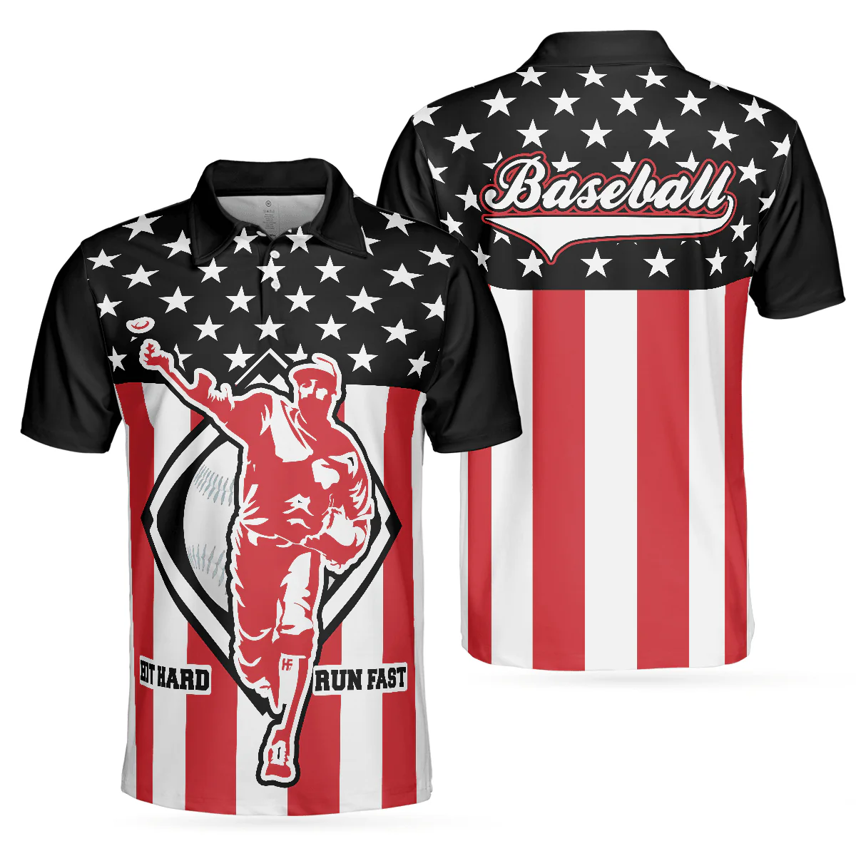 Baseball Men Polo Shirt, Baseball Hit Hard Run Fast, Black Theme American Flag Polo Shirt, Best Baseball Shirt For Men, Gift For Baseball Lovers - Image 2