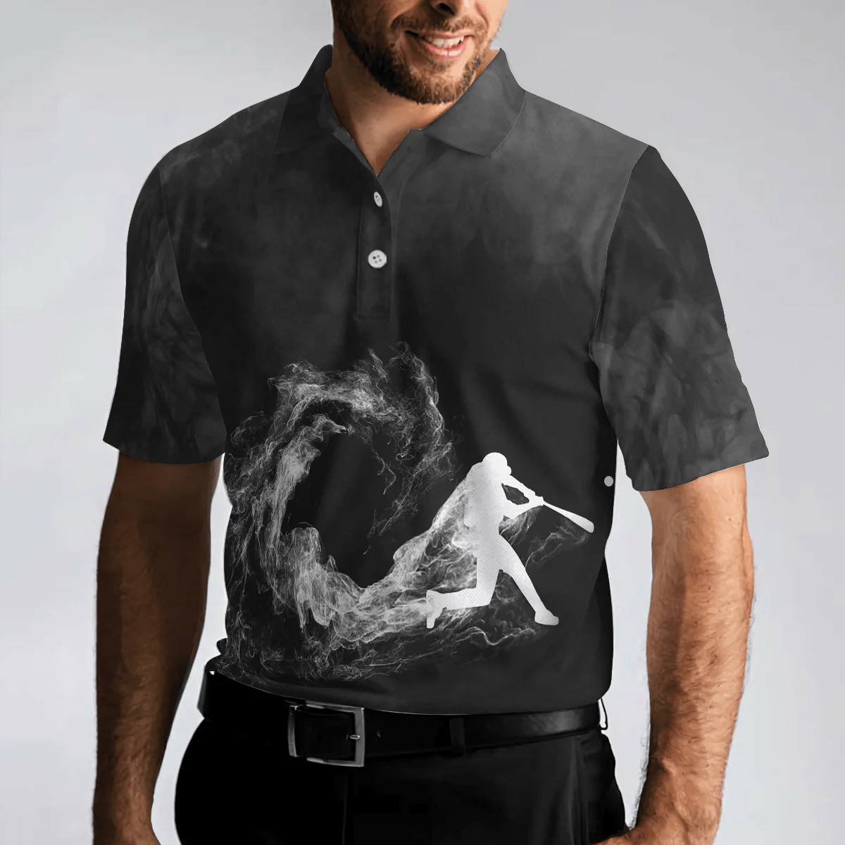 Baseball Men Polo Shirt, Baseball On Smoke Black Theme, Smoke Baseball Striker Player Polo Shirt, Best Baseball Shirt For Men, Gift For Baseball Lovers - Image 5