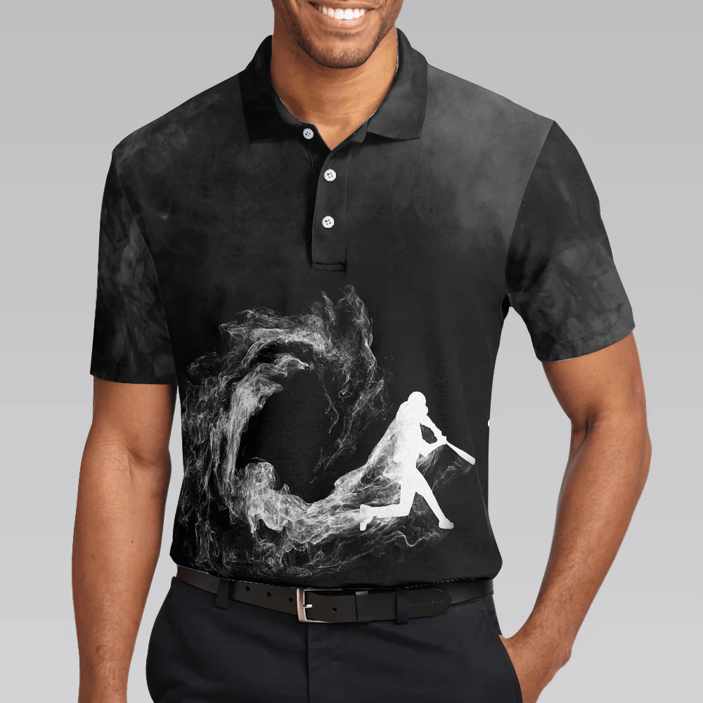 Baseball Men Polo Shirt, Baseball On Smoke Black Theme, Smoke Baseball Striker Player Polo Shirt, Best Baseball Shirt For Men, Gift For Baseball Lovers - Image 6