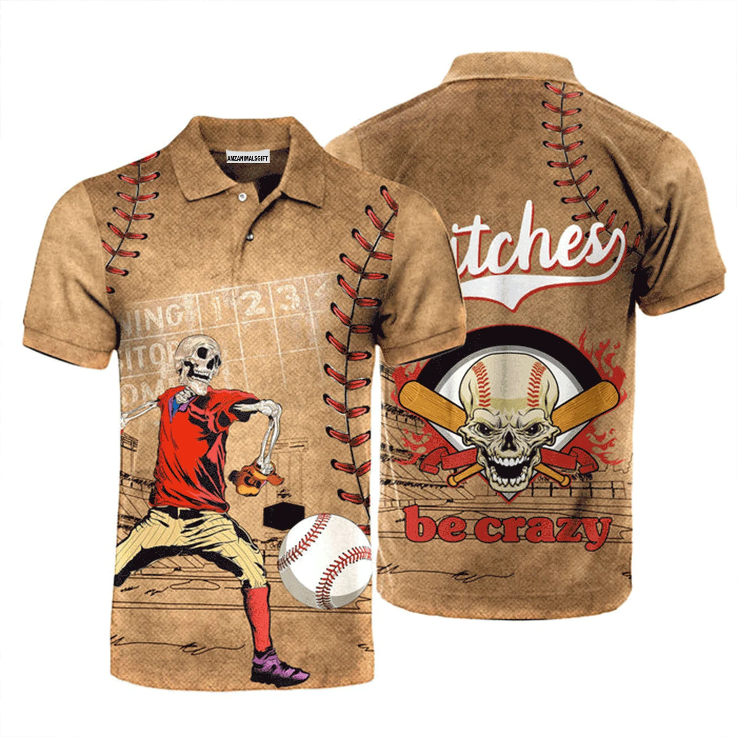 Baseball Men Polo Shirt, Baseball Skull Pitches Be Crazy Polo Shirt For Men, Perfect Polo Shirt For Baseball Lovers - Image 2
