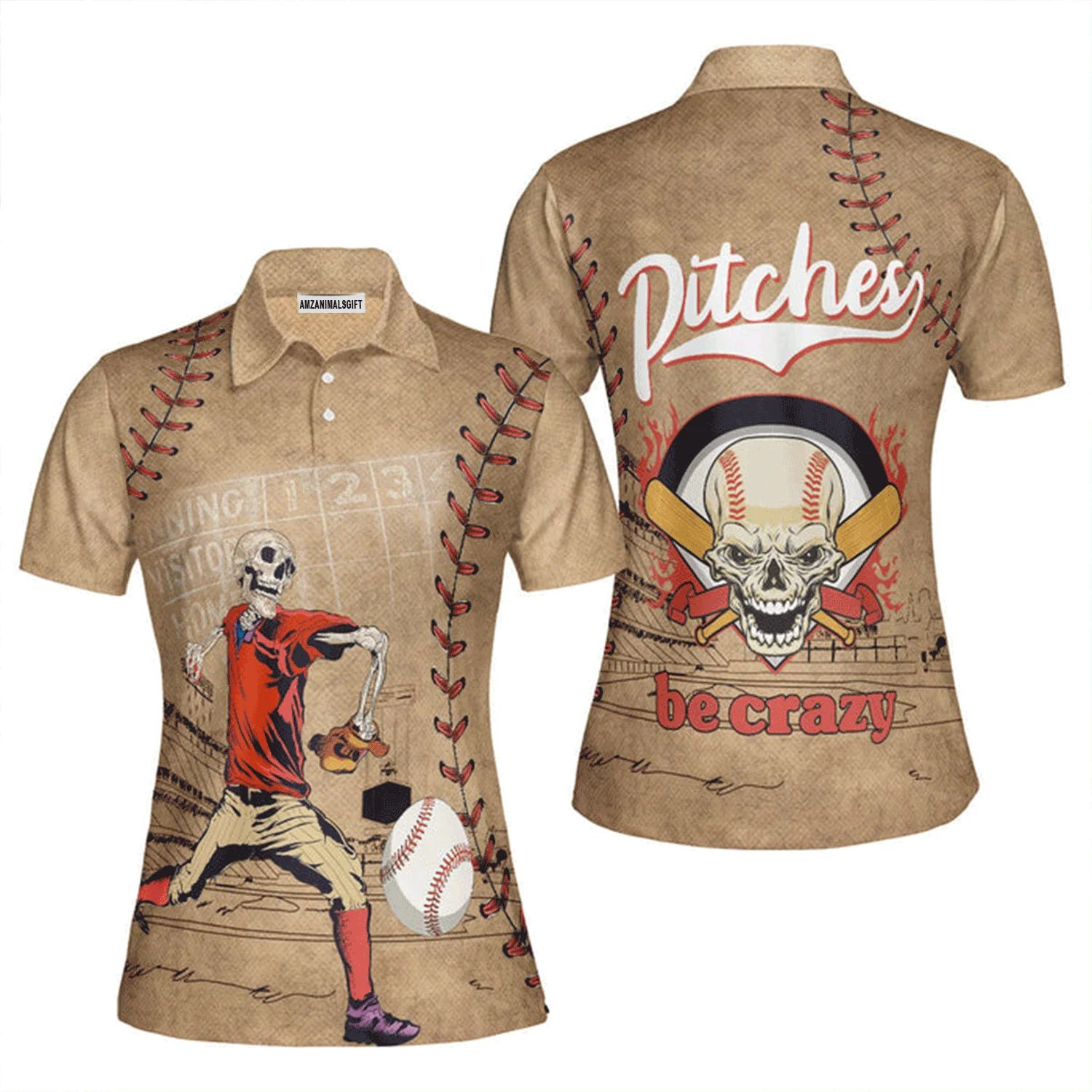 Baseball Women Polo Shirt, Baseball Skull Pitches Be Crazy Polo Shirt For Women, Perfect Polo Shirt For Baseball Lovers - Image 2