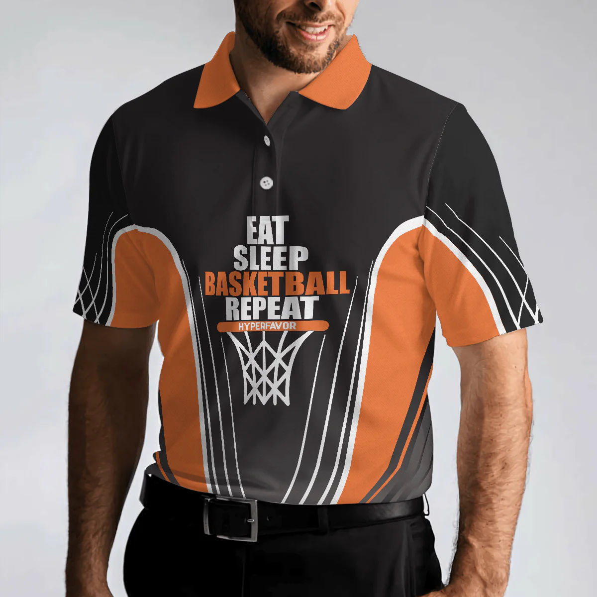Basketball Men Polo Shirt, Basketball Players, Eat Sleep Basketball Repeat, Black And Orange Basketball Shirt For Men, Gift For Basketball Lovers - Image 6
