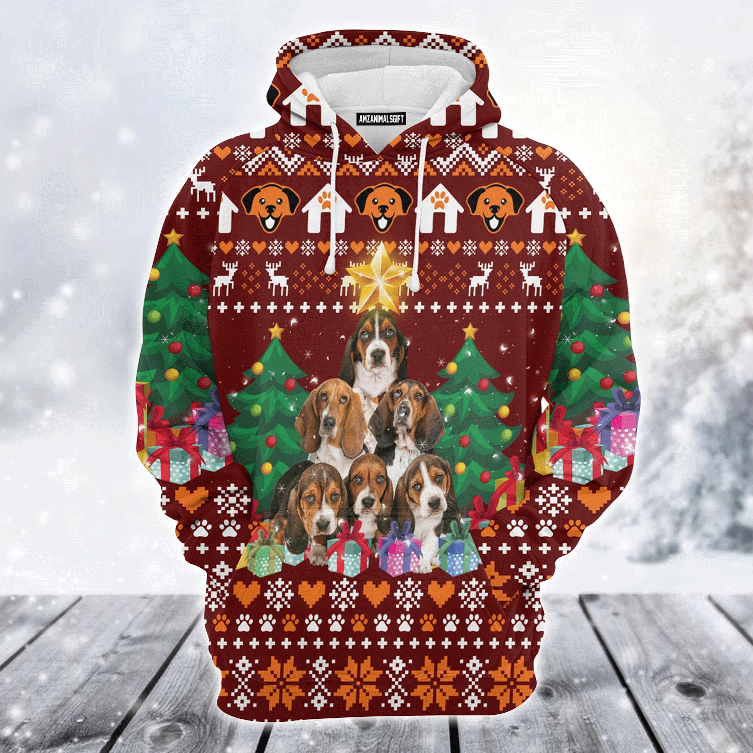 Basset Hound Premium Christmas Hoodie, Basset Hound Pine Tree Christmas Unisex Hoodie For Men & Women - Perfect Gift For Christmas, Friends, Family