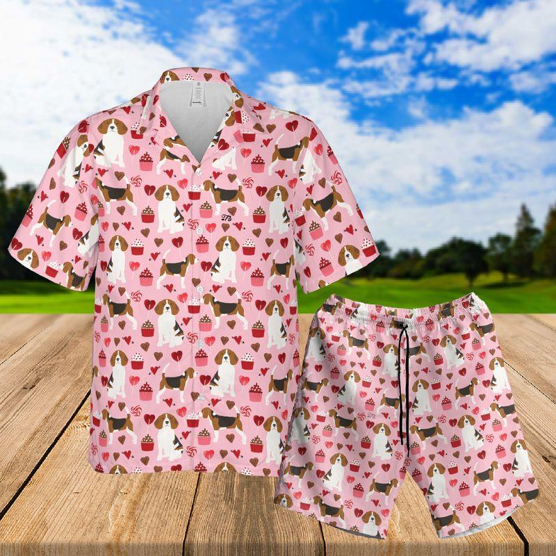 Beagle Aloha Hawaiian Shirts For Summer, Cartoon Beagle Heart Pattern Hawaiian Set For Men Women, Valentine Gift For Couple, Dog Lovers