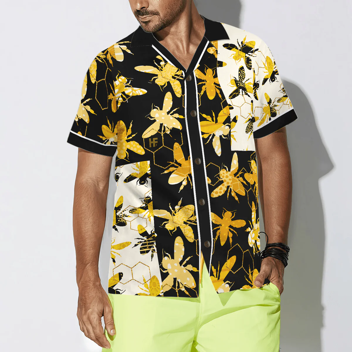 Bee Hawaiian Shirt, Trendy Geometric Bee Aloha Shirt For Men - Perfect Gift For Husband, Boyfriend, Friend, Family - Image 4