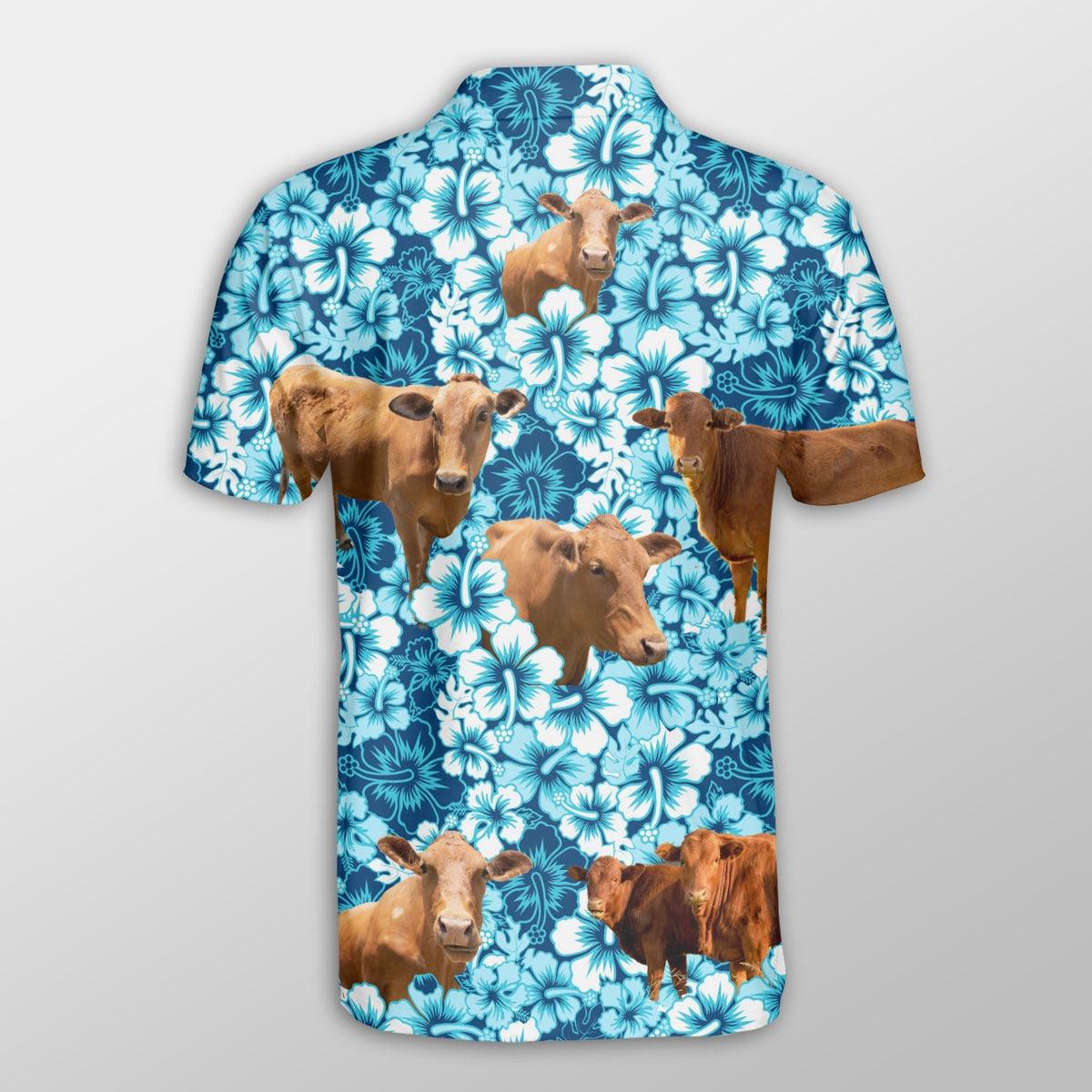 Beefmaster Men Polo Shirts - Beefmaster Blue Hibiscus Pattern Button Shirts For Men - Perfect Gift For Beefmaster Lovers, Cattle Lovers - Image 3