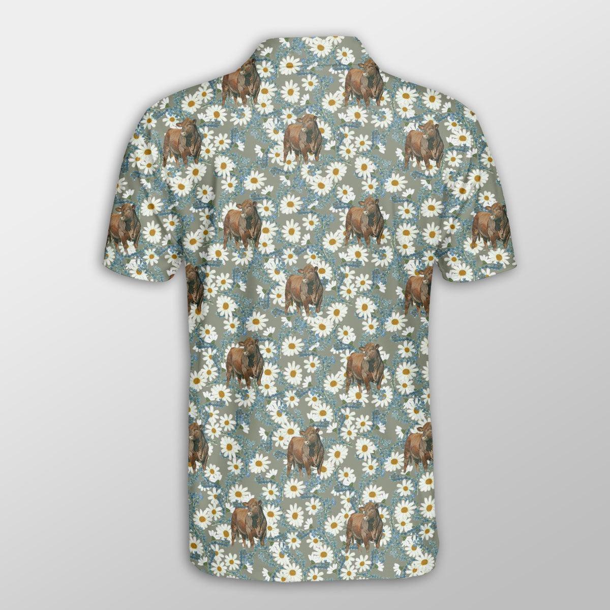 Beefmaster Men Polo Shirts - Beefmaster Camomilles Flower Grey Pattern Button Shirts For Men - Perfect Gift For Beefmaster Lovers, Cattle Lovers - Image 3