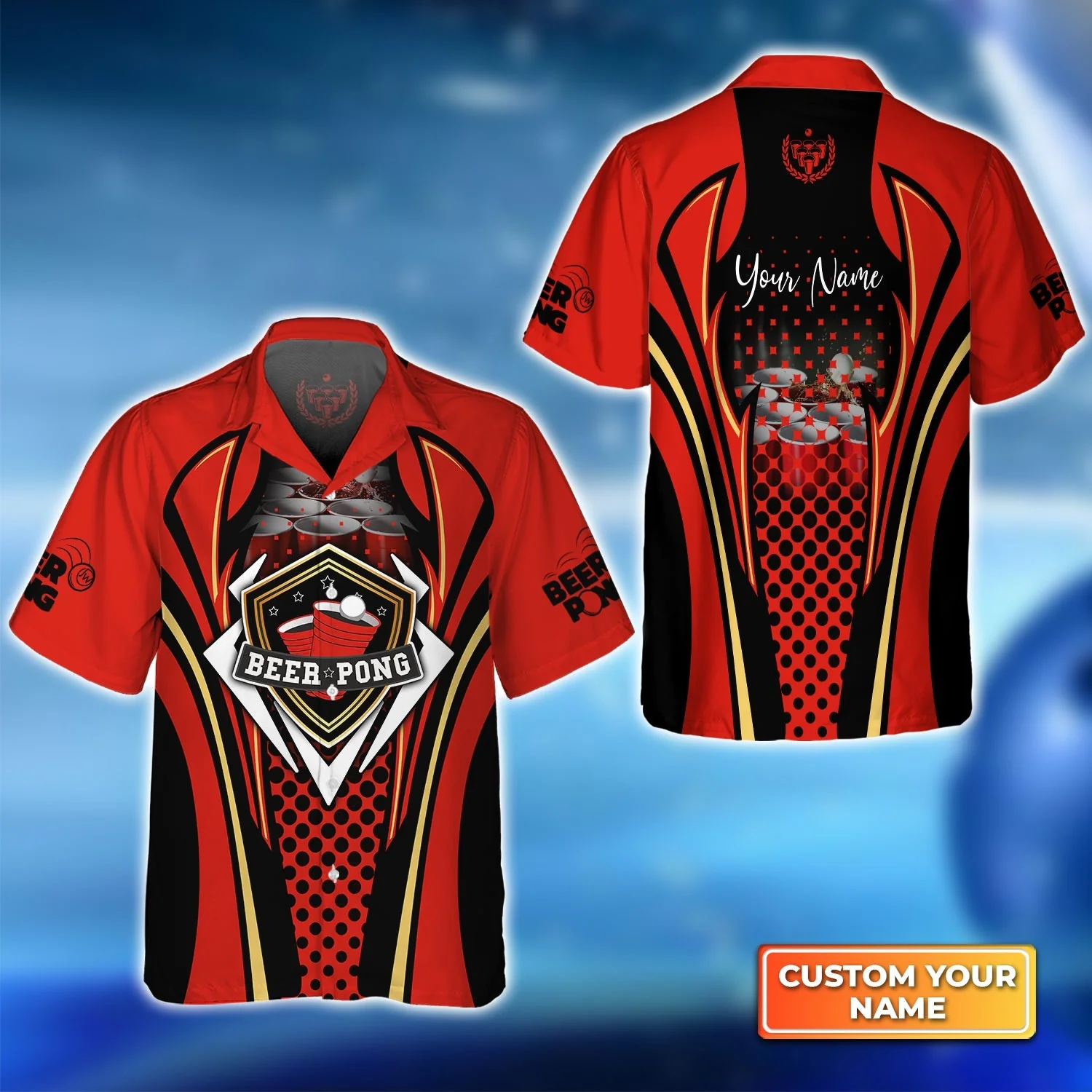 Beer Pong Customized Hawaiian Shirt, Red Black Beer Pong Button Up Shirt For Beer Pong Lovers, Beer Pong Team Players - Image 2