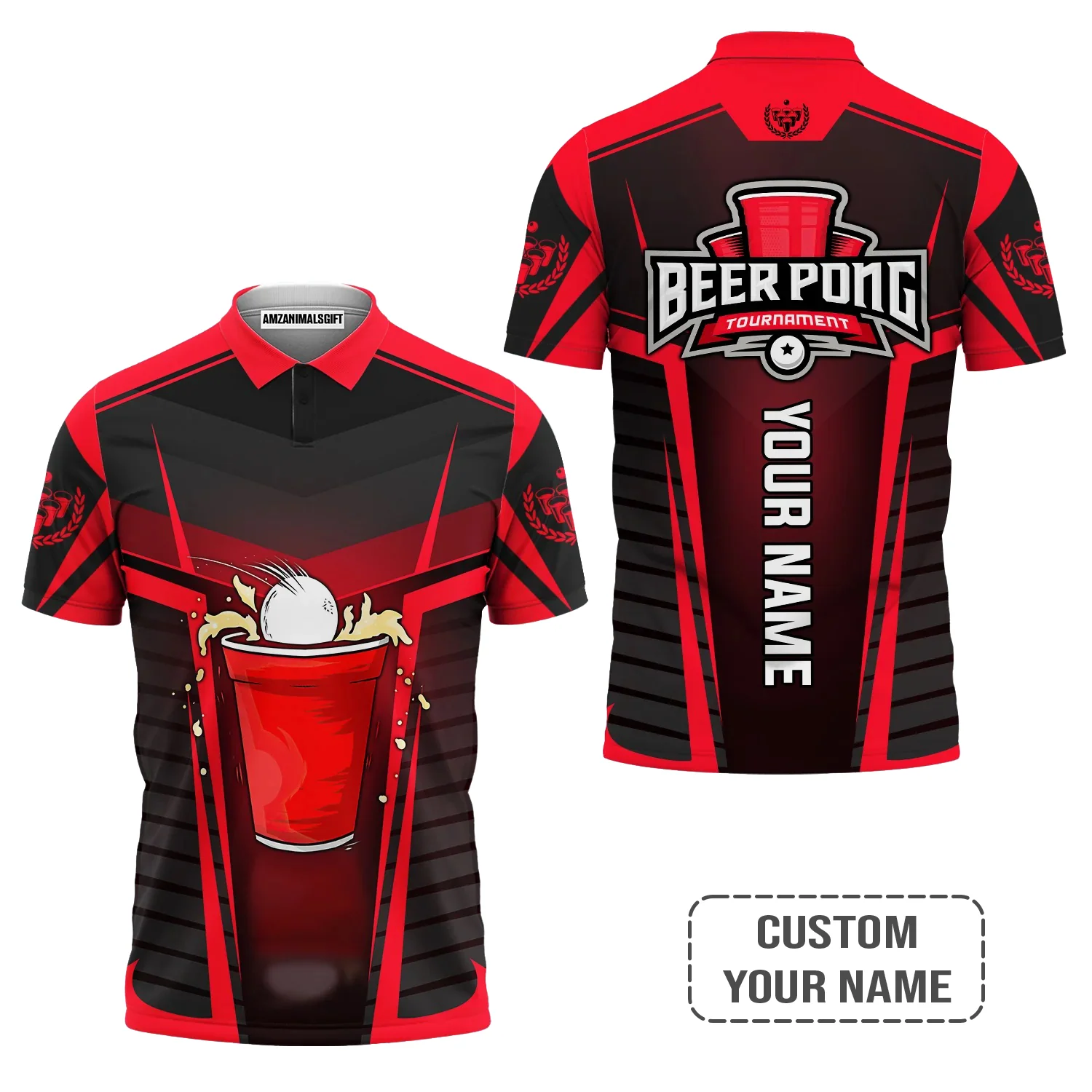 Beer Pong Customized T-Shirt, Personalized Red Black Beer Pong Tournament Shirt For Beer Pong Lovers, Team Players - Image 4