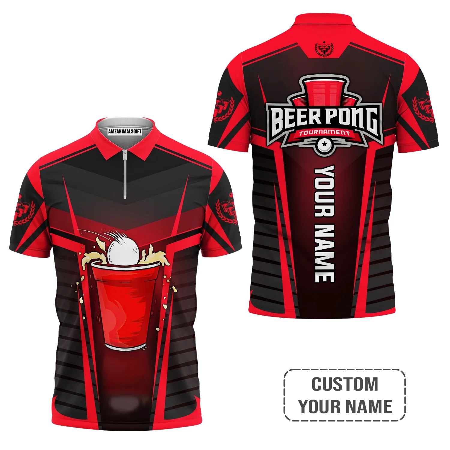 Beer Pong Customized T-Shirt, Personalized Red Black Beer Pong Tournament Shirt For Beer Pong Lovers, Team Players - Image 5
