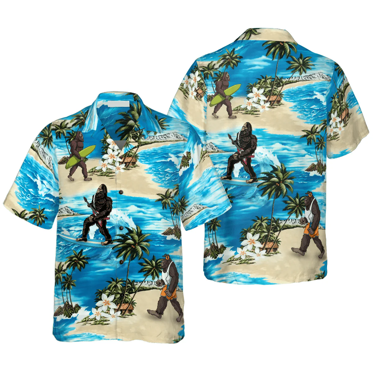 Bigfoot Hawaiian Shirt, Bigfoot AIoha Beach Bigfoot Hawaiian Shirt, Palm Tree And Flower Blue Ocean Bigfoot Surfing Hawaiian Shirt - Perfect Gift For Husband, Boyfriend, Friend, Family