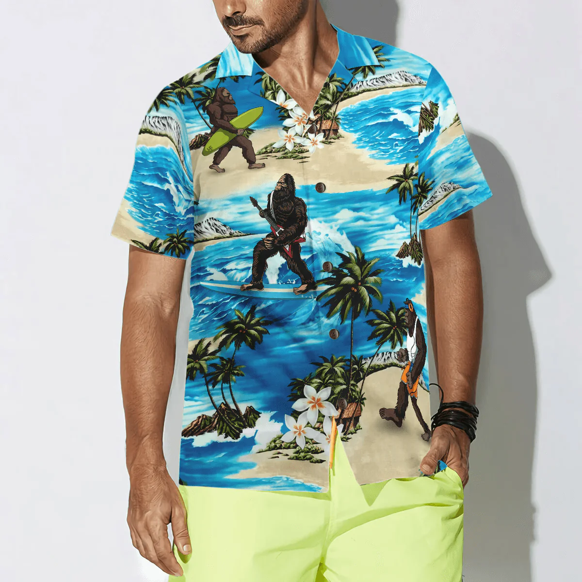 Bigfoot Hawaiian Shirt, Bigfoot AIoha Beach Bigfoot Hawaiian Shirt, Palm Tree And Flower Blue Ocean Bigfoot Surfing Hawaiian Shirt - Perfect Gift For Husband, Boyfriend, Friend, Family - Image 4