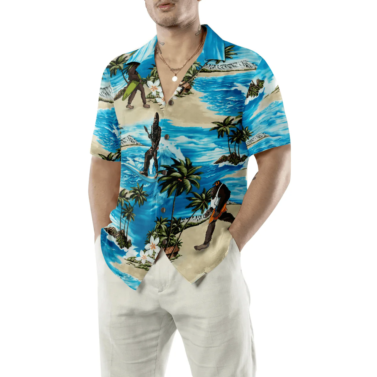 Bigfoot Hawaiian Shirt, Bigfoot AIoha Beach Bigfoot Hawaiian Shirt, Palm Tree And Flower Blue Ocean Bigfoot Surfing Hawaiian Shirt - Perfect Gift For Husband, Boyfriend, Friend, Family - Image 5