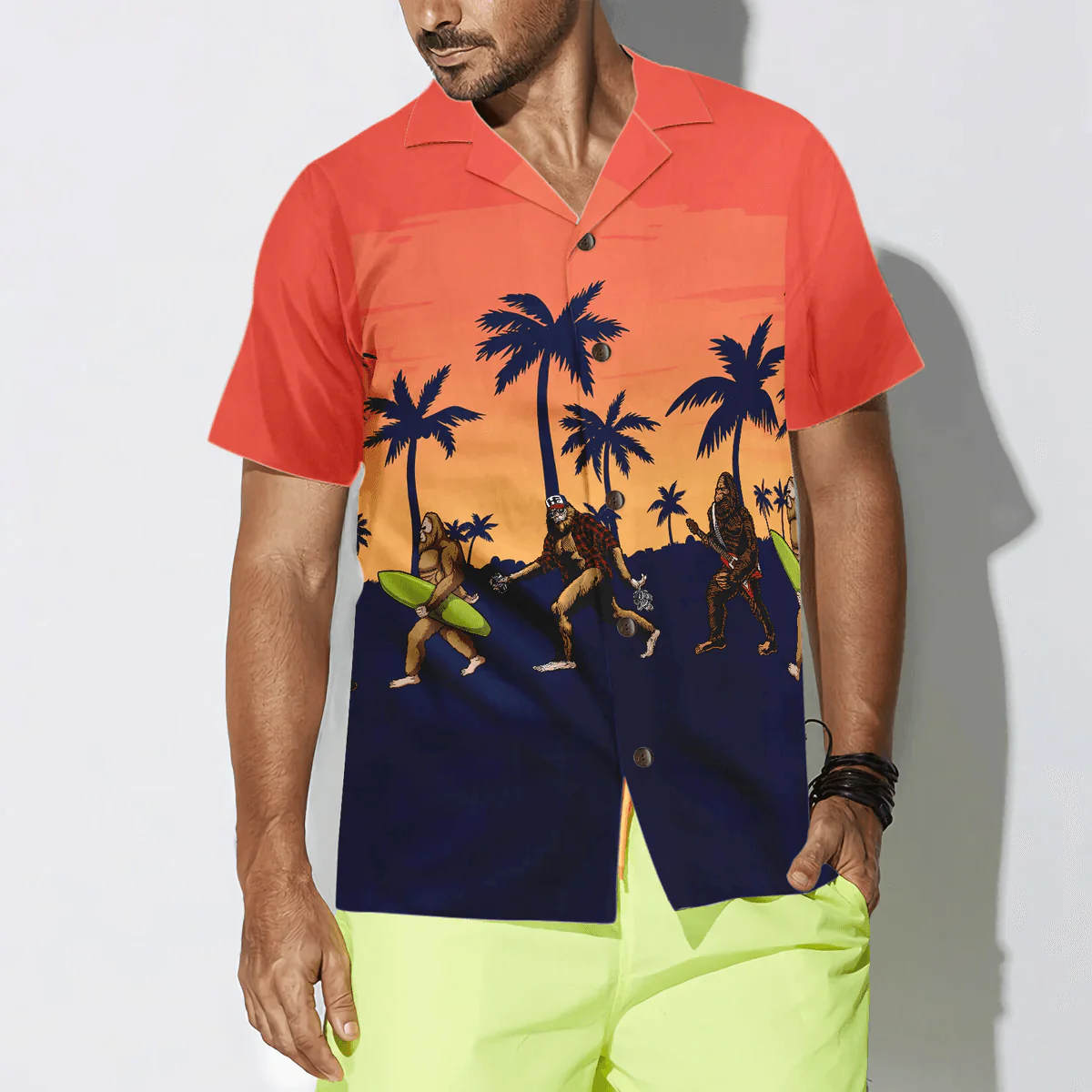 Bigfoot Hawaiian Shirt - Bigfoot Needs A Vacation Hawaiian Shirt, Vintage Dawn Palette Tropical Bigfoot Surfer Hawaiian Shirt - Perfect Gift For Husband, Boyfriend, Friend, Family - Image 3