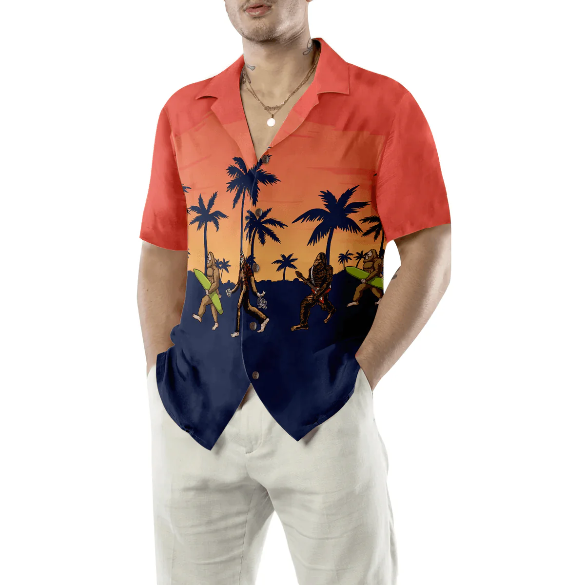 Bigfoot Hawaiian Shirt - Bigfoot Needs A Vacation Hawaiian Shirt, Vintage Dawn Palette Tropical Bigfoot Surfer Hawaiian Shirt - Perfect Gift For Husband, Boyfriend, Friend, Family - Image 4