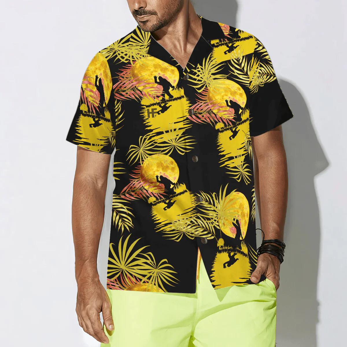 Bigfoot Hawaiian Shirt - Bigfoot Tropical Yellow Moon Bigfoot Hawaiian Shirt, Moonlight Bigfoot Hawaiian Shirt - Perfect Gift For Husband, Boyfriend, Friend, Family - Image 4