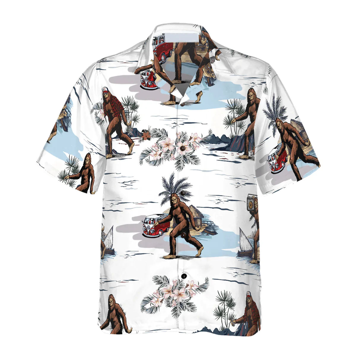 Bigfoot Hawaiian Shirt, Bigfoots Are Ready For Summer Hawaiian Shirt, White Tropical Floral Bus Trip Bigfoot Hawaiian Shirt - Perfect Gift For Husband, Boyfriend, Friend, Family - Image 3