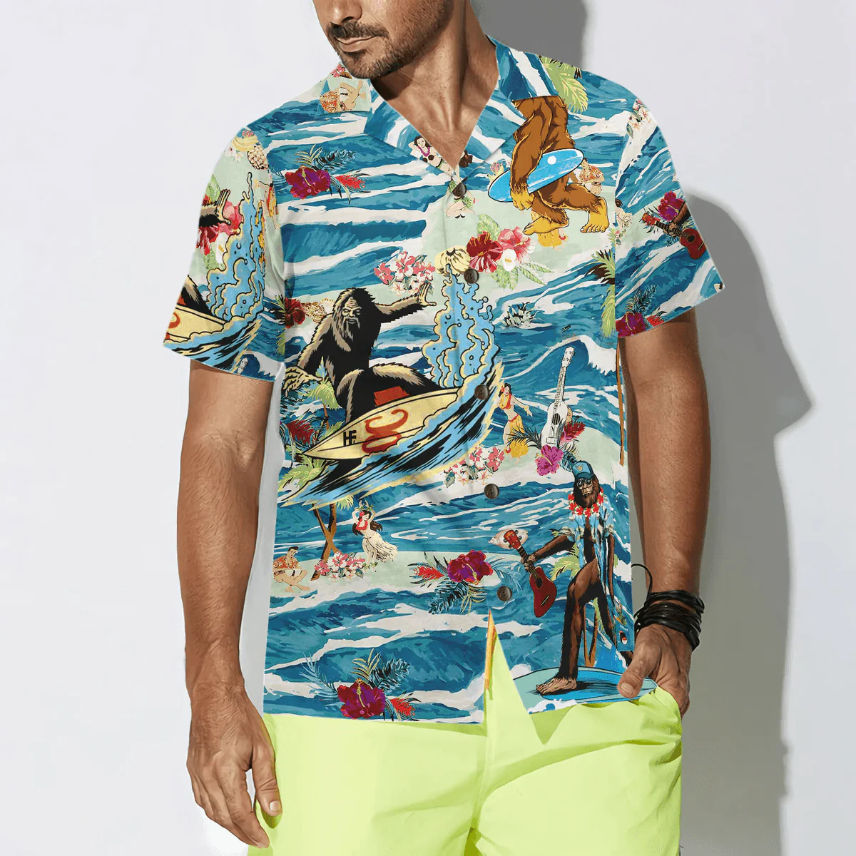 Bigfoot Hawaiian Shirt, Surfing Bigfoot Aloha Vacation Bigfoot Hawaiian Shirt, Tropical Ocean Wave Shirt For Men Hawaiian Shirt - Perfect Gift For Husband, Boyfriend, Friend, Family - Image 5