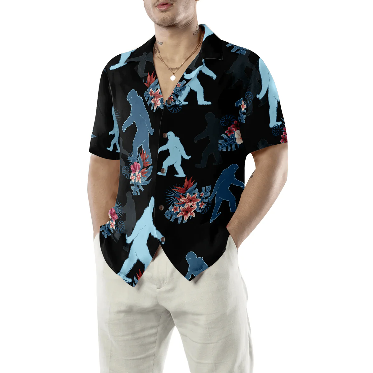 Bigfoot Hawaiian Shirt - The Tropical Leaves Bigfoot Hawaiian Shirt, Black Tropical Floral Bigfoot Hawaiian Shirt - Perfect Gift For Husband, Boyfriend, Friend, Family - Image 5