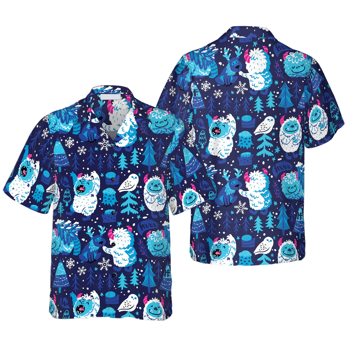 Bigfoot Hawaiian Shirt - White Bigfoot Winter Forrest Hawaiian Shirt, Snow Owl And Tree Bigfoot Hawaiian Shirt - Perfect Gift For Husband, Boyfriend, Friend, Family