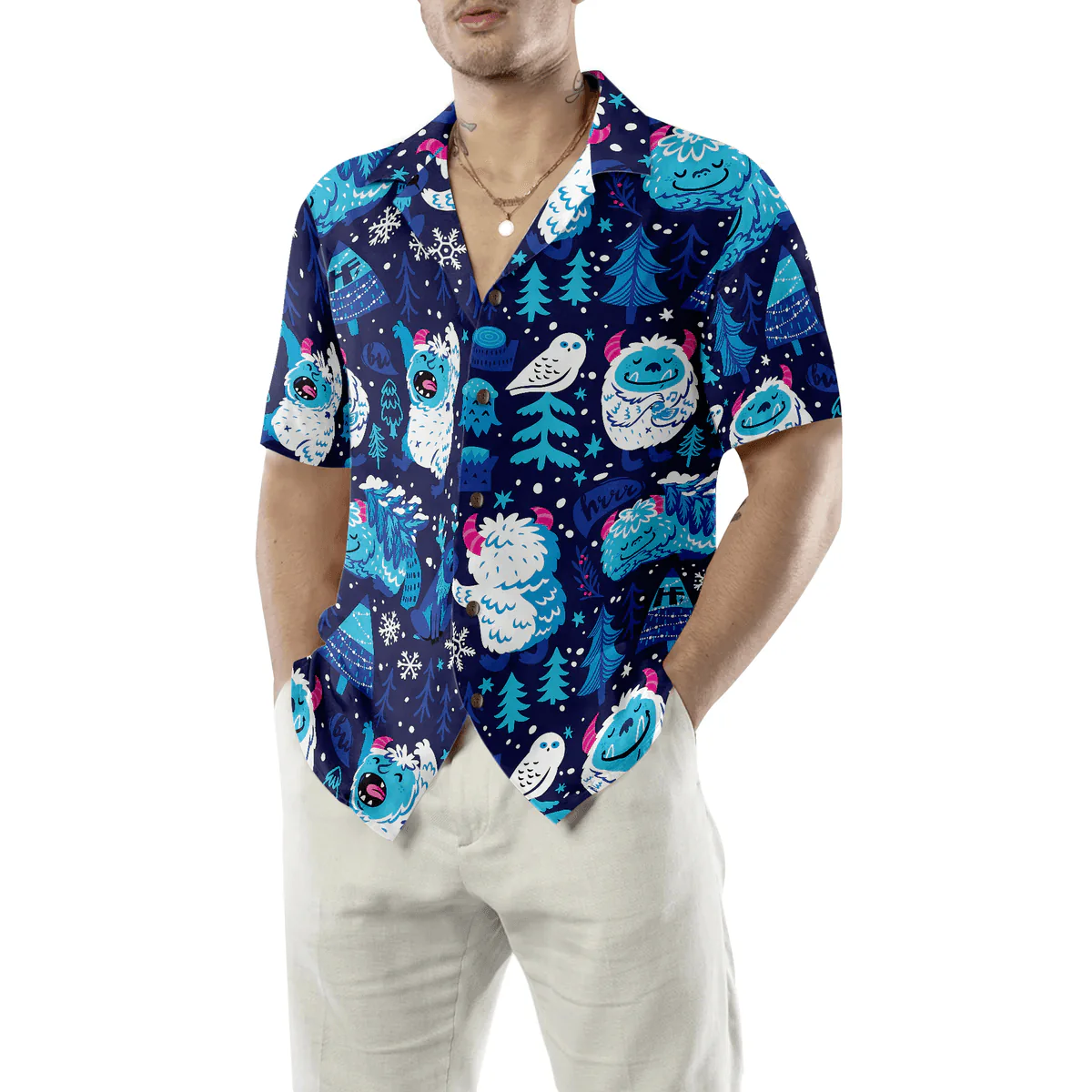 Bigfoot Hawaiian Shirt - White Bigfoot Winter Forrest Hawaiian Shirt, Snow Owl And Tree Bigfoot Hawaiian Shirt - Perfect Gift For Husband, Boyfriend, Friend, Family - Image 5
