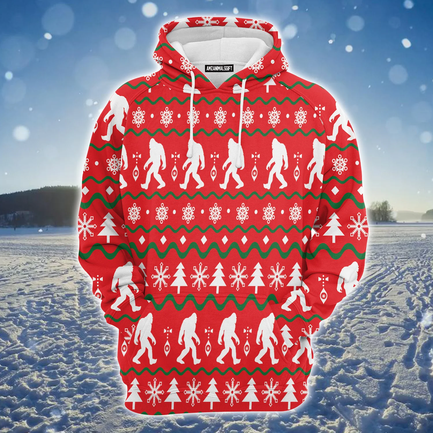 Bigfoot Premium Christmas Hoodie, White Christmas Tree Pattern Unisex Hoodie For Men & Women - Perfect Gift For Christmas, Friends, Family - Image 2