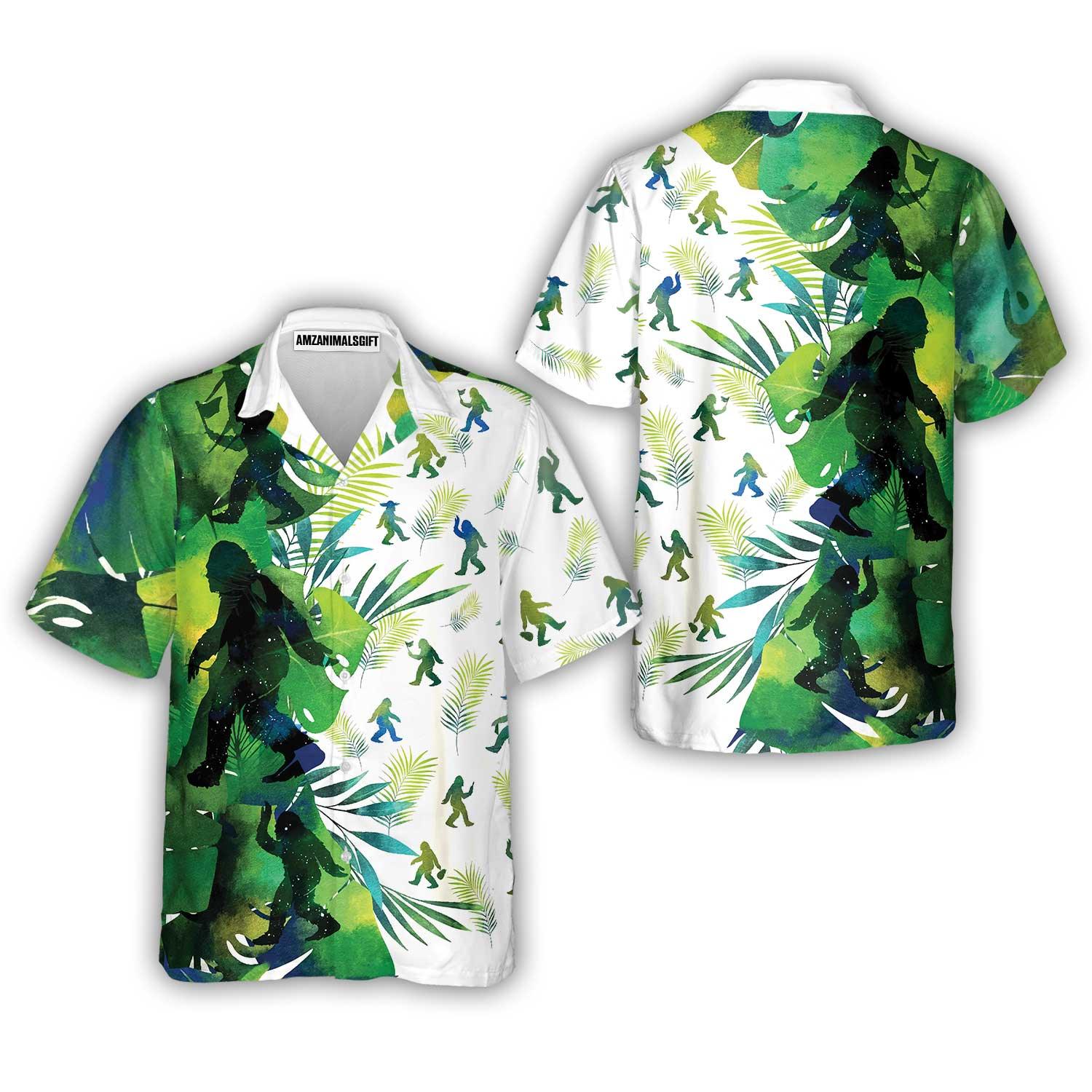 Bigfoot Silhouettes in Tropical Hawaiian Shirt, Green Sasquatch Summer Aloha Shirt For Men, Perfect Gift For Friends, Husband, Boyfriend, Family